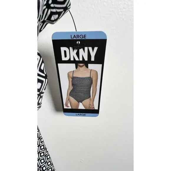 DKNY Women's Black & White Geometric Print Adjustable Strap One Piece Swimsuit L - Picture 9 of 13